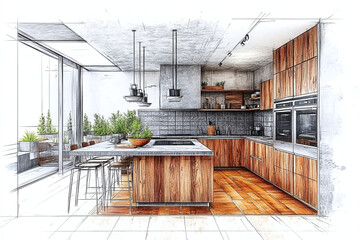 Stylish kitchen interior with modern furniture. Combination of photo and sketch. Interior sketch of modern kitchen