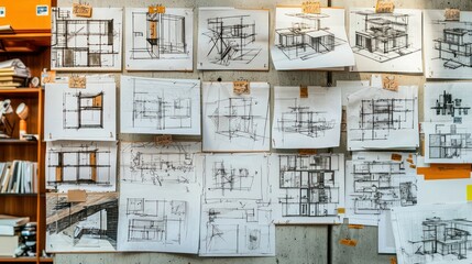 A workspace filled with architect sketches pinned to the wall, illustrating various design ideas