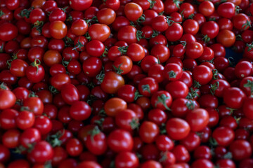 Sun-Kissed Tomatoes Gleaming on a Bustling Market Stand
