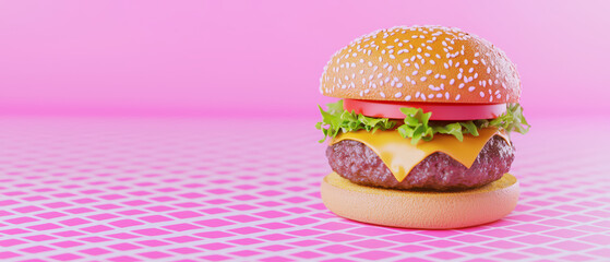 delicious cheeseburger with lettuce, tomato, and cheese on vibrant pink background, perfect for food lovers and photography enthusiasts
