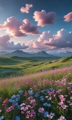 Clouds in shades of blue and pink float above a lush green meadow with wildflowers, soft focus, whimsical clouds