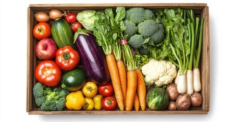 Set of Fresh Organic Vegetables in Wooden Box. AI generated illustration.