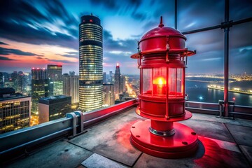 Striking Long Exposure of Red Lantern Obstruction Lights on Rooftop of High-Rise Building Against a Scenic City Skyline for Aviation Safety and Flight Warning Visibility