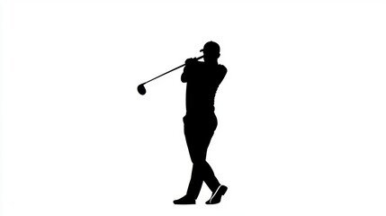 Silhouette of a Golfer in Action Swinging a Driver Club Against a Clean White Background