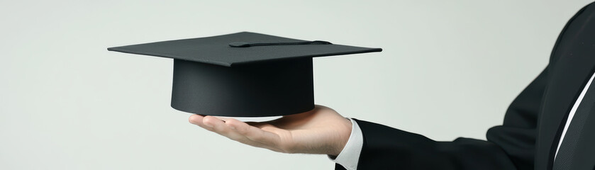 hand holds black graduation cap symbolizing achievement and success. This iconic symbol represents culmination of hard work and dedication in education