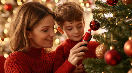 mother and son joyfully decorate Christmas tree with ornaments, creating warm holiday atmosphere. Their matching red sweaters add to festive spirit