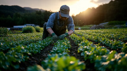 Fototapeta premium Farmer tending to crops during sunset in a lush field in the countryside