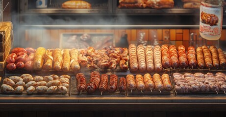 Street Food Background with Assortment of Grilled Sausages. AI generated illustration.