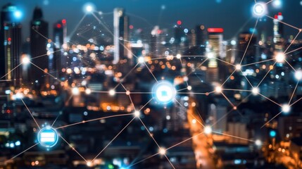 Cityscape with Network Connections and Blurred City Lights