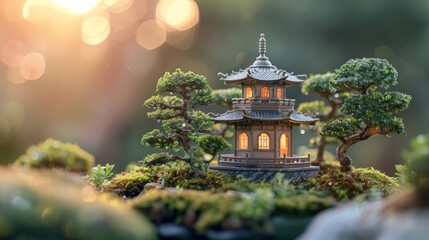 Miniature pagoda nestled in a serene bonsai garden at sunset.
