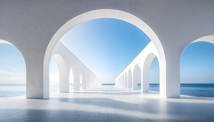 A series of white arches leading to a bright, ethereal horizon. The minimalist design creates a sense of openness and possibility.