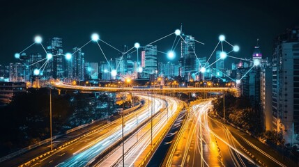 Urban Nightscape with Digital Connections and Light Trails