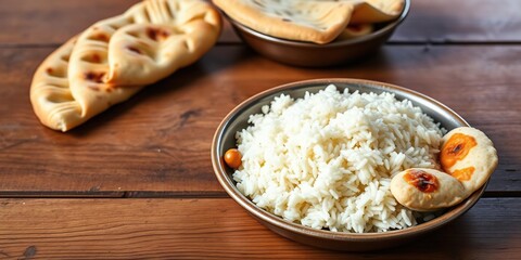 Colorful chana masala served with steaming basmati rice and naan bread on a wooden table, chickpeas, whole grain food