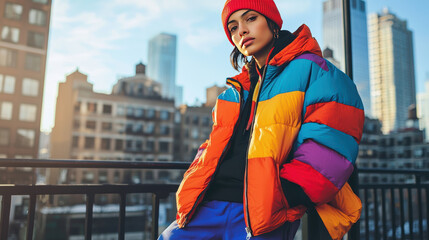 Obraz premium stylish woman in colorful puffer jacket and red beanie poses confidently in urban setting, showcasing vibrant fashion statement against city backdrop
