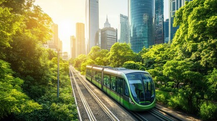 Green light rail transit system in a modern city with lush greenery.