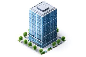 Transparent 3D Isometric Office Building in Urban City for Real Estate and Business Use