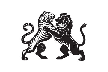  Lion and a tiger standing on their hind legs in an intense fight. Black vintage engraving illustration line art, isolated, cut out, tattoo, print, embelm