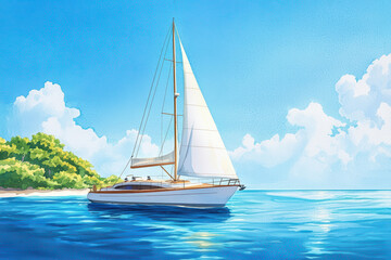 Fototapeta premium serene sailboat gliding through crystal clear waters under bright sky. vibrant colors and peaceful setting evoke sense of tranquility and adventure
