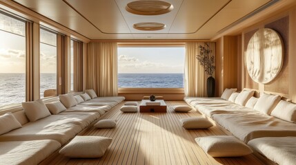 Luxurious yacht lounge with ocean view, beige cushions, wooden floor, and large windows.