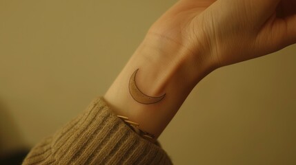 Close-up of a crescent moon tattoo on a woman's wrist.
