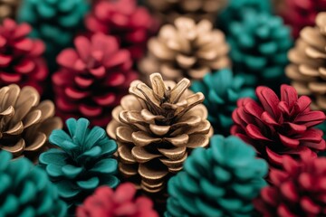 Christmas background featuring pine cones, using red, green, and gold 