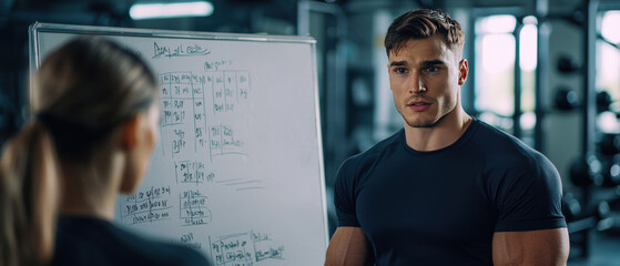 personal trainer instructing client in gym setting, focusing on fitness goals and workout plans. atmosphere is motivating and energetic, enhancing training experience