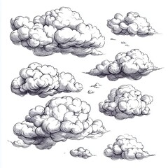 A collection of hand-drawn pencil illustrations depicting various shapes and sizes of fluffy clouds. These intricate sketches highlight the textures and contours of clouds