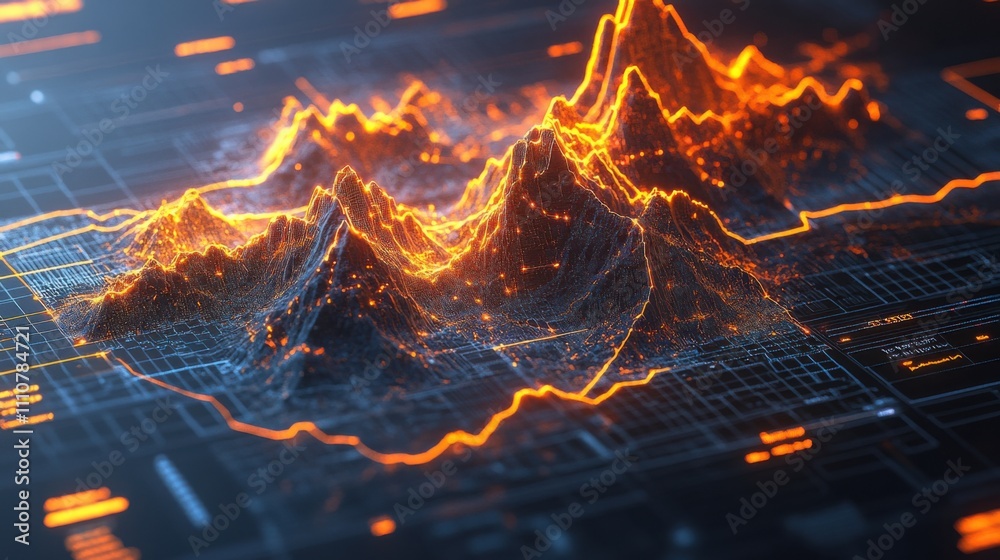 Poster dynamic data visualization with neon mountain graphs and lines