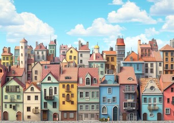 Fototapeta premium A delightful illustration of a vibrant old town with colorful houses, textured walls, and red-tiled roofs. The charming facades are set against a bright blue sky with fluffy white clouds