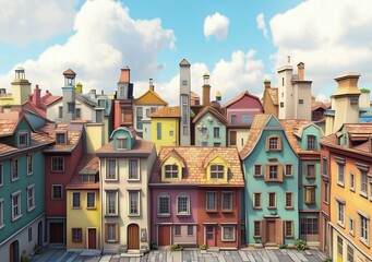 Fototapeta premium A detailed illustration of a picturesque old town with vibrant, multi-colored houses, tiled roofs, and charming architectural features under a clear blue sky with fluffy white clouds