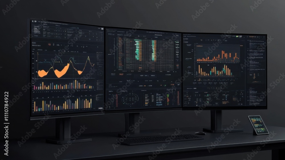 Poster sleek workspace with triple monitor setup displaying financial data