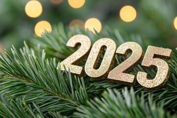 Golden 2025 ornament on pine branch with festive lights in background