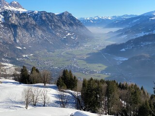 Winter atmosphere in spacious subalpine valley Seeztal along the Seez River between Lake Walensee and the Rheintal Valley, Walenstadtberg - Canton of St. Gallen, Switzerland (Schweiz)