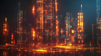 Naklejka premium Abstract Digital Cityscape with Glowing Orange and Blue Lights