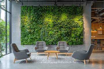 Organic fresh greenery living or office spaces, wall with decorative moss armchairs and table. Generic concept image of decorative moss that is used for interior design.