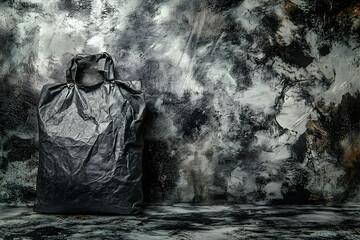 Obraz premium Crumpled black plastic shopping bag against a textured grey background.