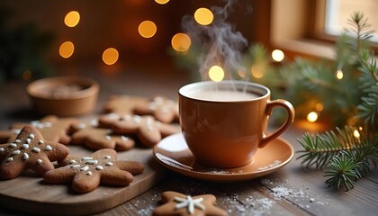 Fototapeta premium A warm kitchen interior with freshly baked gingerbread cookies on a rustic wooden table. 