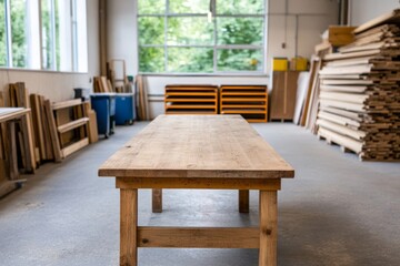 Craft workshop interior, empty work table, warm browns and grays 