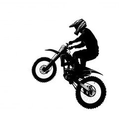 Naklejka premium Action-packed dirt bike stunt rider in mid-air motocross ride with protective gear on a plain white background.