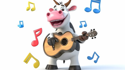 A cheerful cartoon cow playing a guitar surrounded by musical notes.