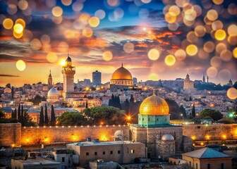 Stunning Bokeh Effect of Jerusalem Cityscape at Dusk with Glowing Lights and Historical Landmarks, Blending Modernity and Tradition in a Mesmerizing Urban Setting