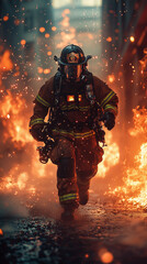 A brave firefighter in protective gear is running inside of a burning building, The place is all over with flames and smoke. Fire safety banner concept