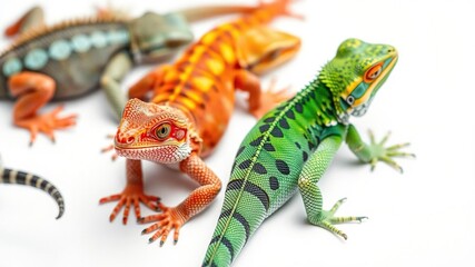 Naklejka premium Colorful reptile species isolated on white surface, close-up, reptiles