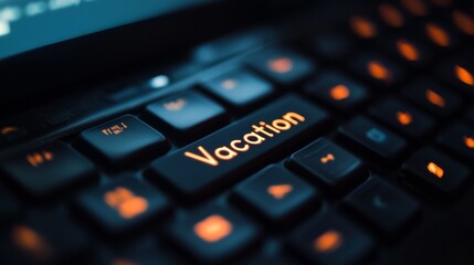 Vacation Vibes A Close-Up of a Keyboard Key Highlighting the Word Vacation Against a Dimly Lit Background