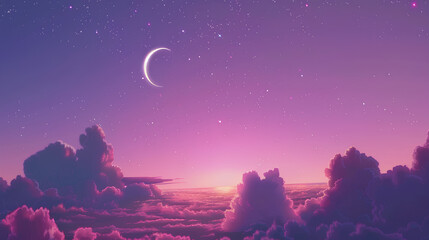 Anime-inspired pink and purple sky with a crescent moon, clouds, and stars - a lo-fi anime background, cute.