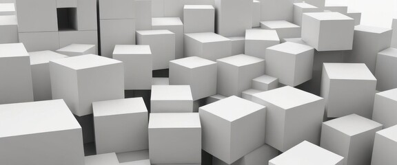 Geometric 3D cube pattern with square tiles, perfect for modern design backgrounds,Dynamic Abstract 3D White Geometric Cubes Popping Out from White Wall – Minimalist Modern Digital Art for Architectur