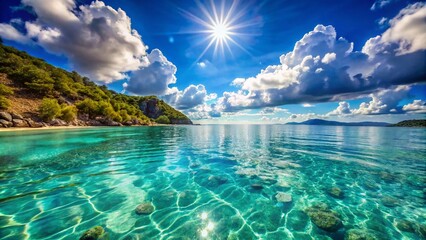 Obraz premium Stunning Conceptual Photography of the Beautiful Clear Sea in Turkey, Showcasing Pristine Waters, Vibrant Marine Life, and Serene Coastal Landscapes Under a Bright Blue Sky
