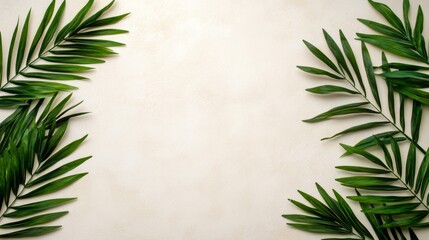 Minimalistic summer background: palm leaf shadows on cream wall; use soft greens and creams 