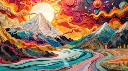 Fototapeta premium A stunning 3D origami paper art depicting a sunlit mountain.