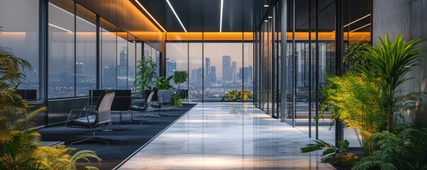 Modern Office Lobby with City Skyline View
